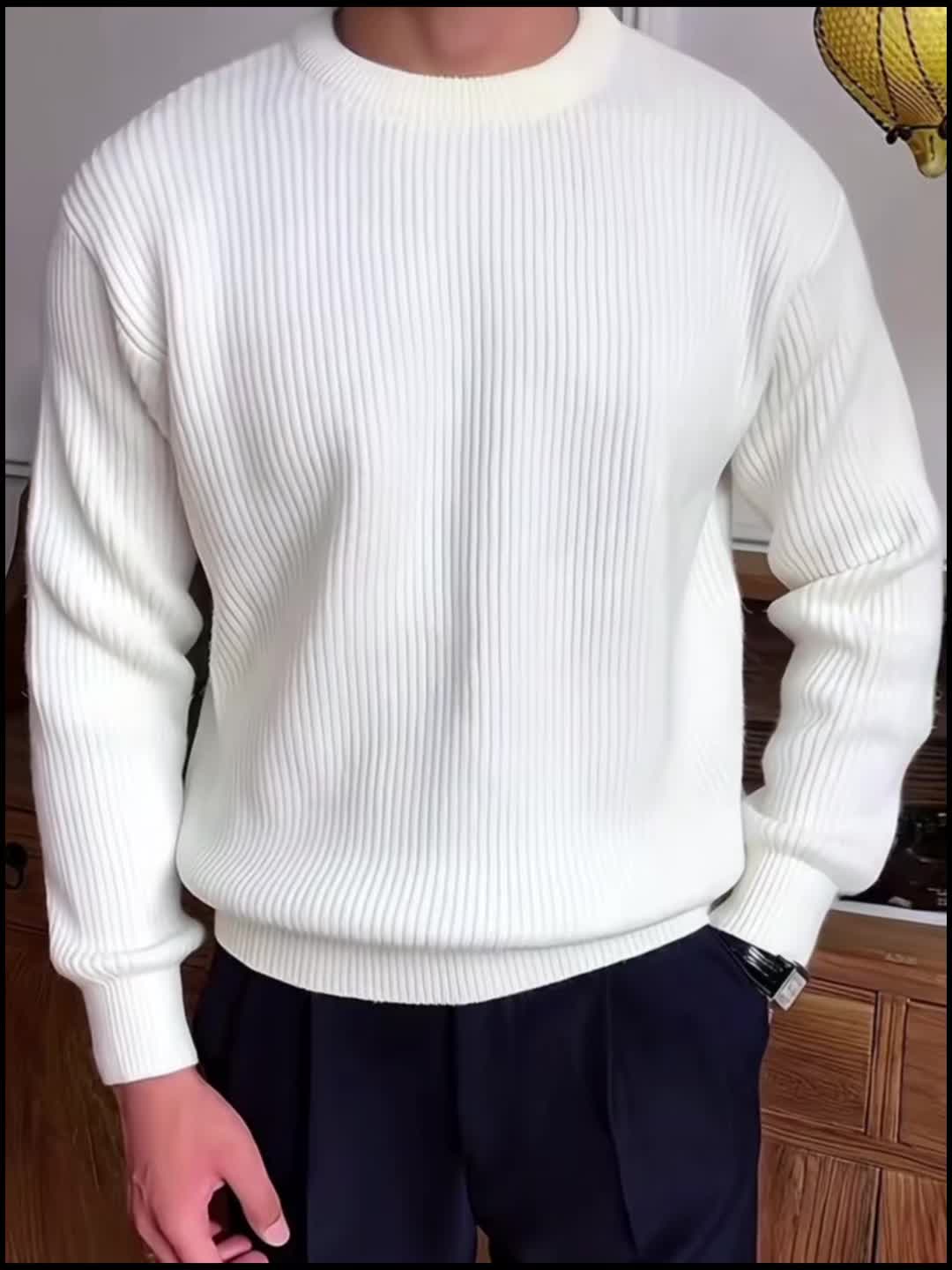 Herre Ribstrikket Sweater med Crew-Neck og Løs Pasform