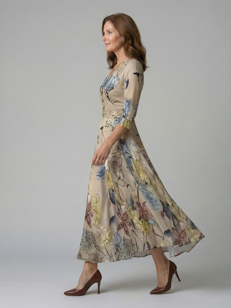 Dame Midikjole med Wrap-Hals og Blomsterprint