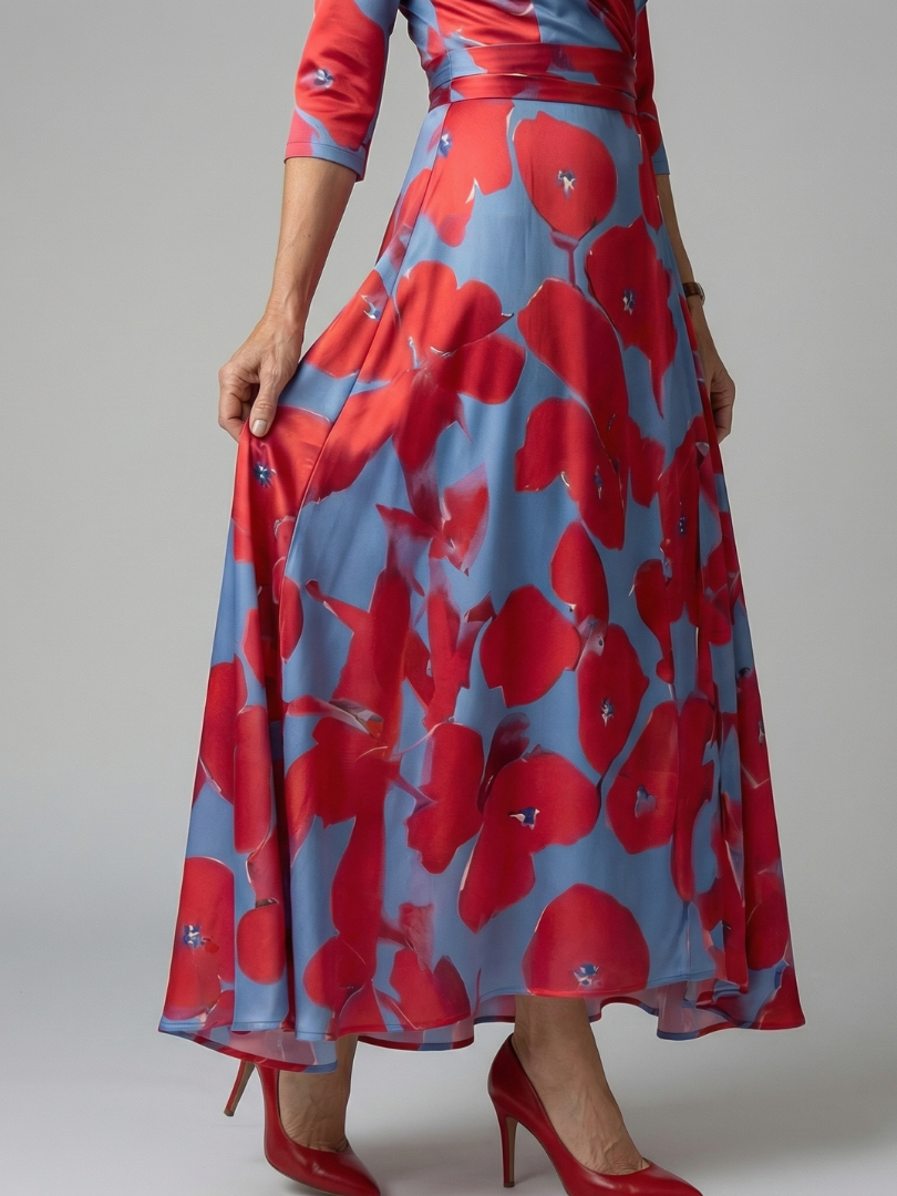Dame Midikjole med Wrap-Hals og Blomsterprint