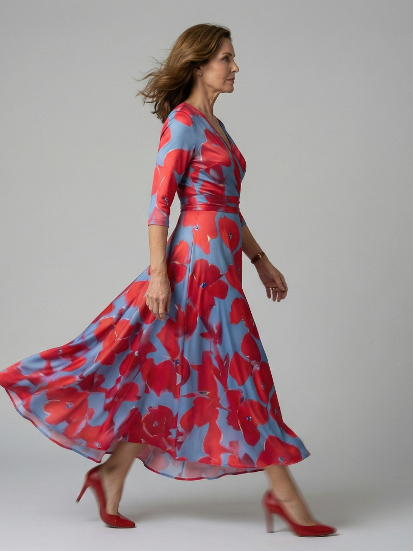 Dame Midikjole med Wrap-Hals og Blomsterprint