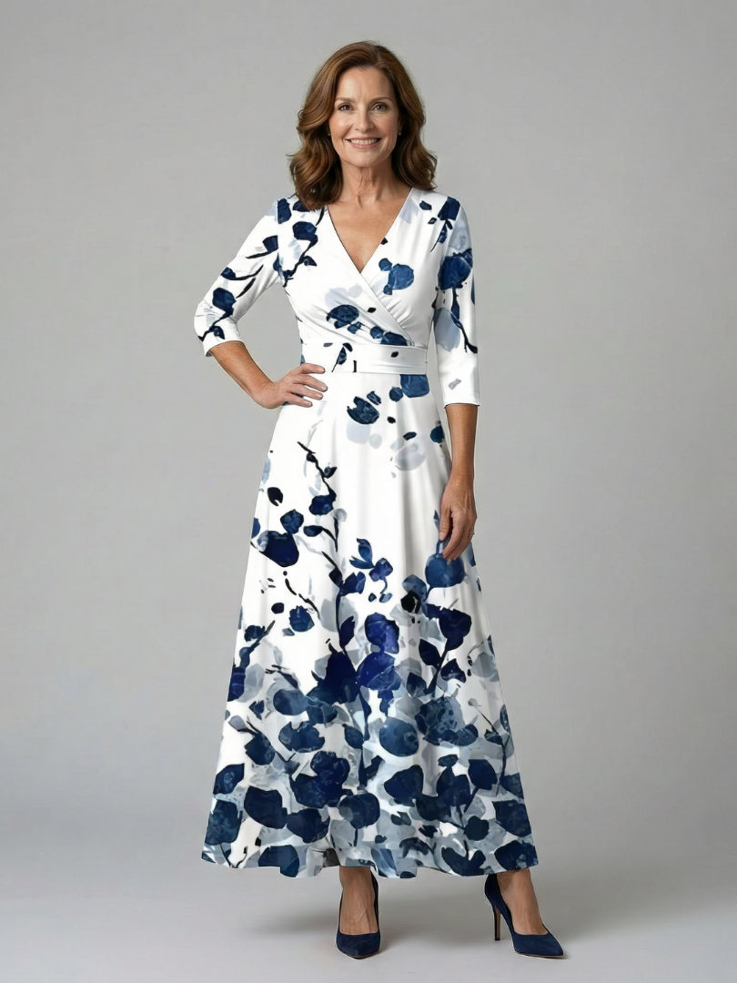 Dame Midikjole med Wrap-Hals og Blomsterprint