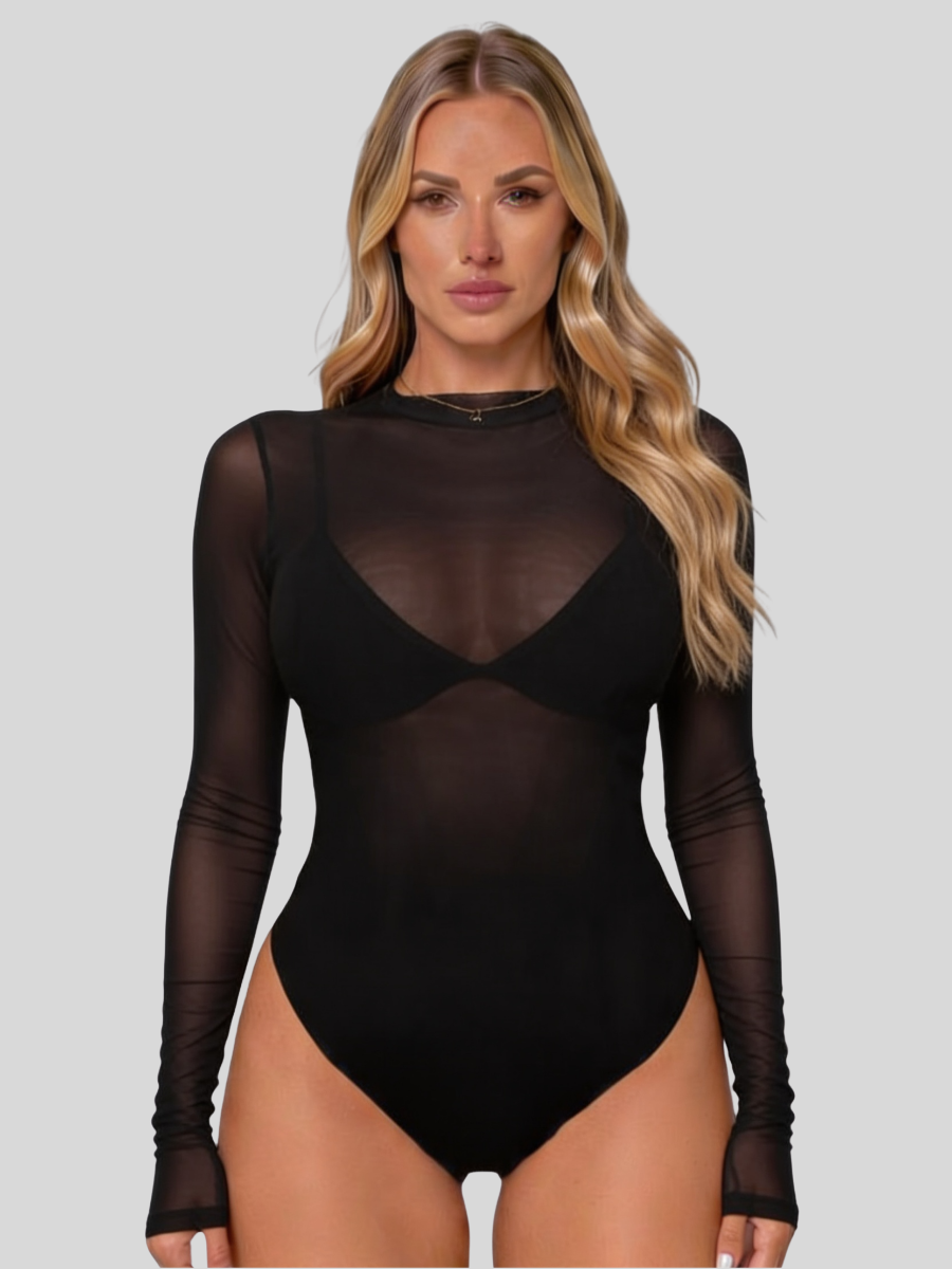 Dame Bodysuit i Mesh med Stakrave og Lange Ærmer