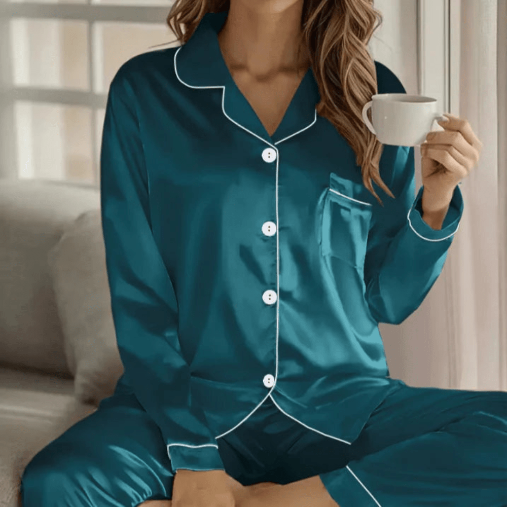 Dame Pyjamasset med Knaplukning - Blødt Nattøj