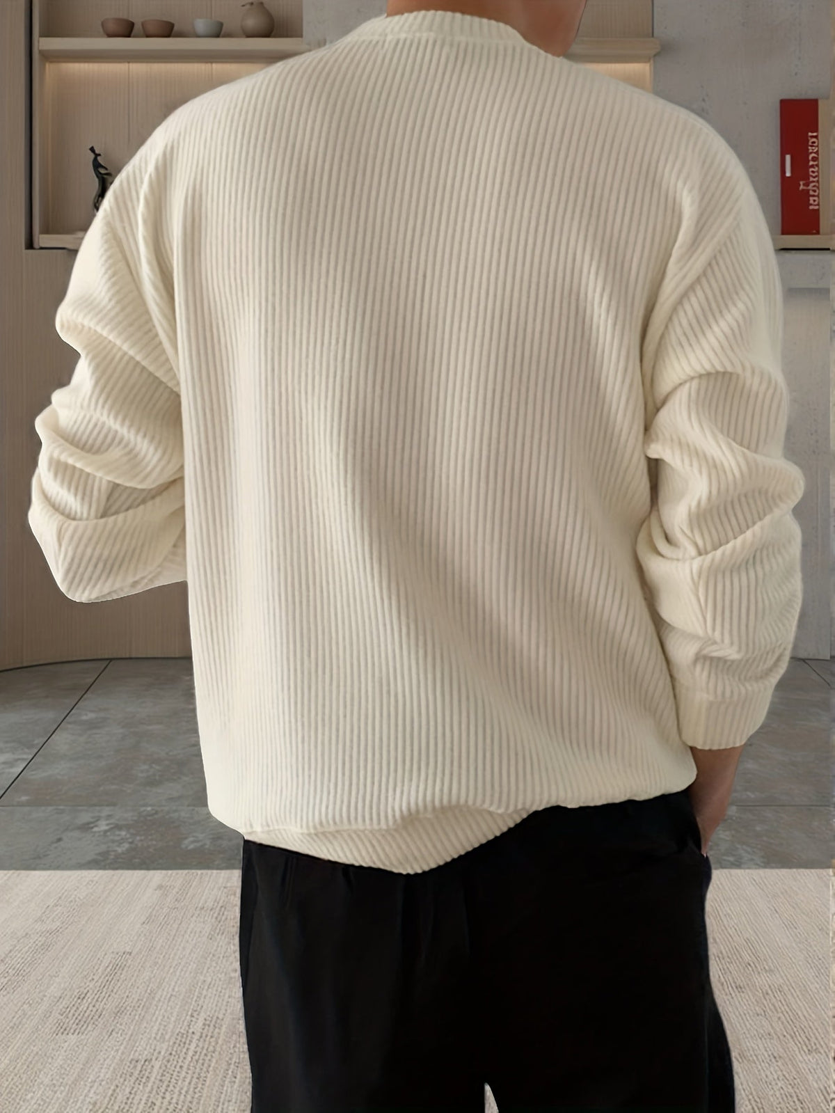 Herre Ribstrikket Sweater med Crew-Neck og Løs Pasform