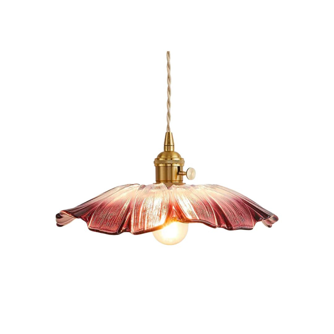 Lampa sufitowa – ciemnoczerwone szkło, w kształcie kwiatu, do jadalni lub jako dekoracja do salonu
