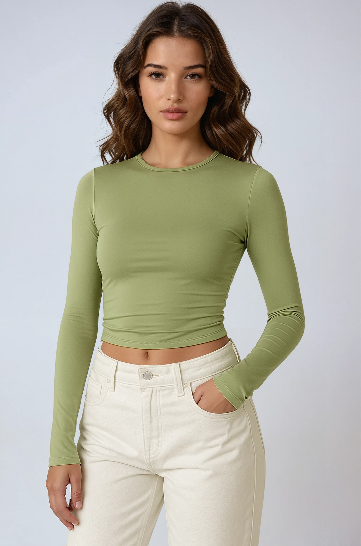 Dame Crop Top i Stretch med Lange Ærmer