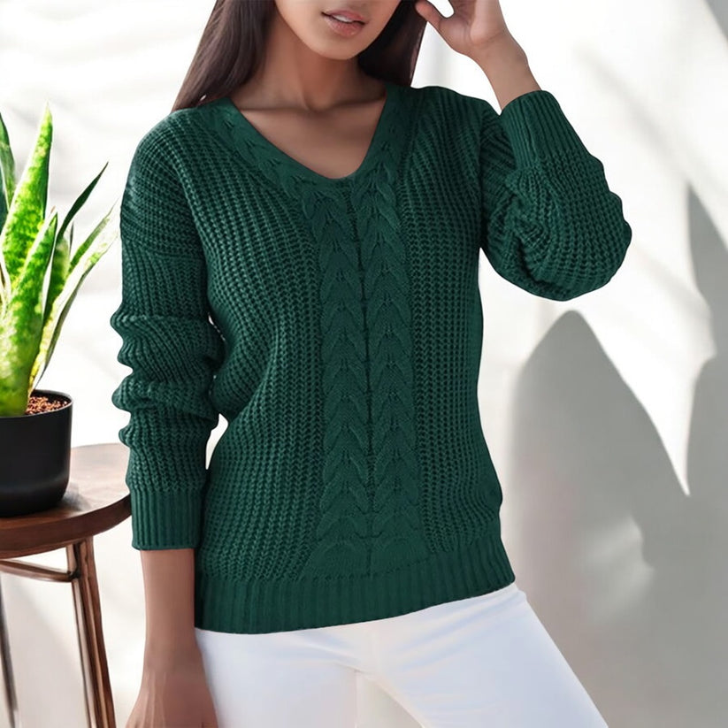 Dame Sweater med V-udskæring og Kabelstrik