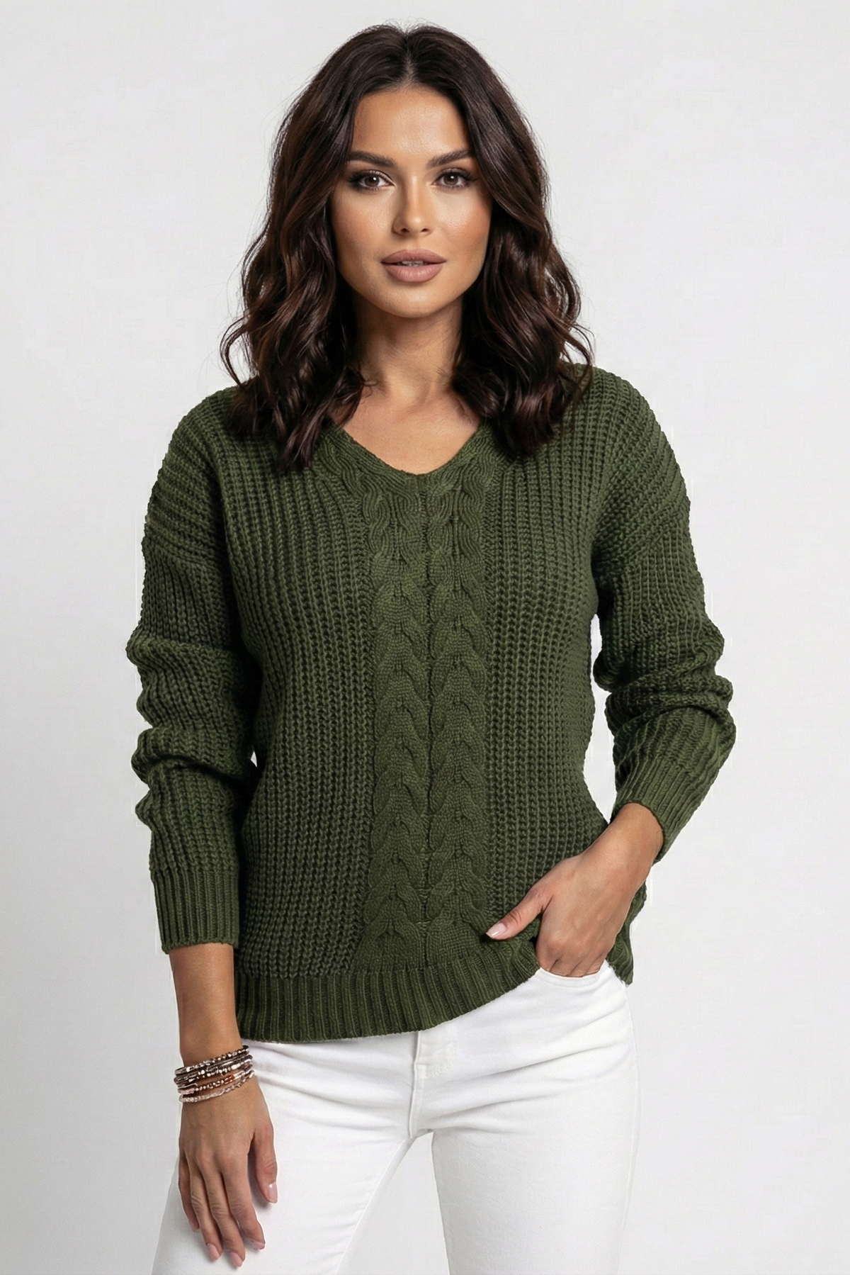 Dame Sweater med V-udskæring og Kabelstrik