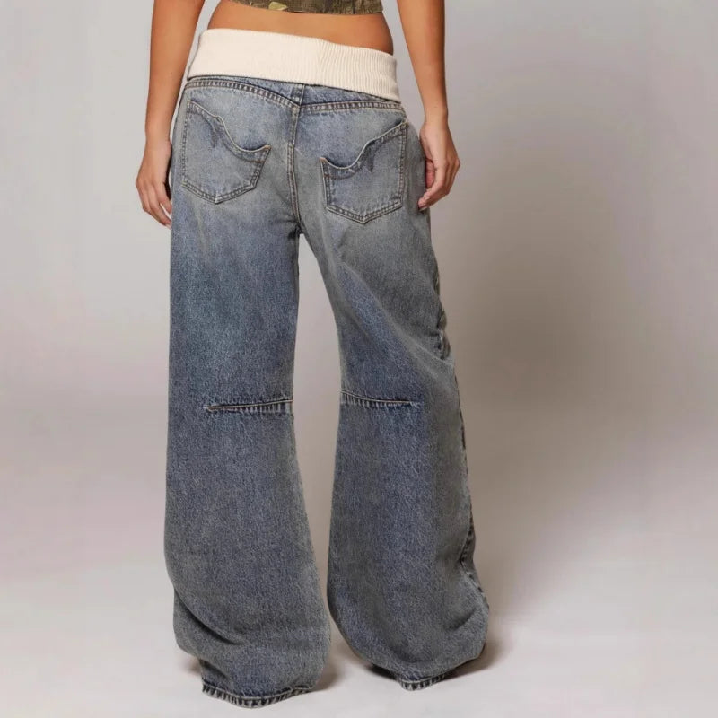 Dame Baggy Jeans med Vidt Ben – Stretch Denim og Rib Linning