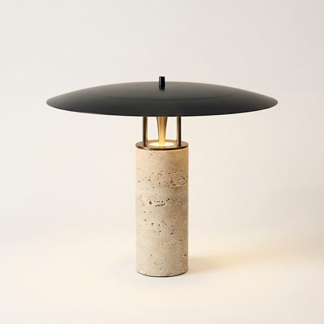 Bordlampe i Travertinmarmor med Champignondesign - Sort Jernskærm
