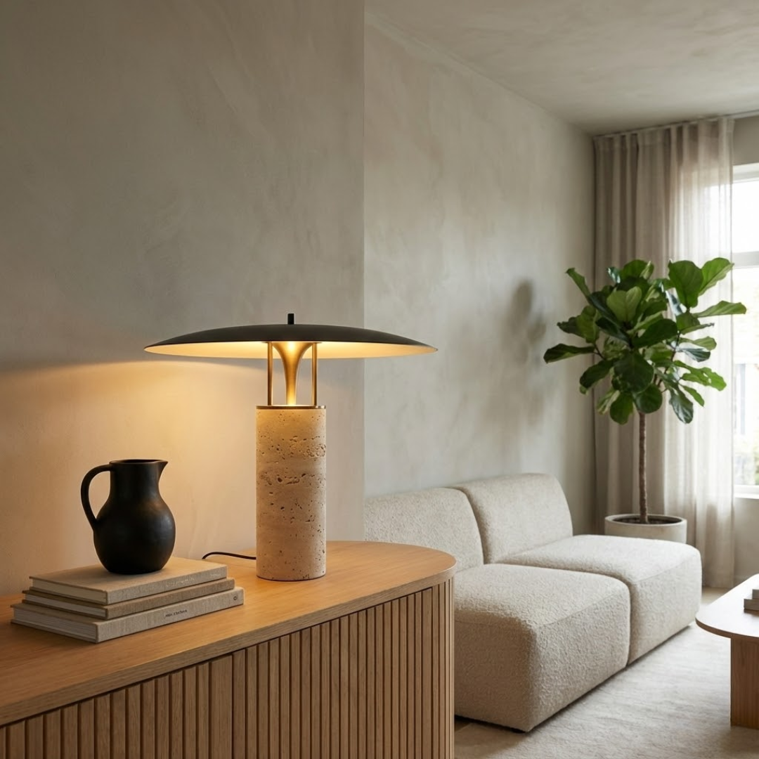 Bordlampe i Travertinmarmor med Champignondesign - Sort Jernskærm