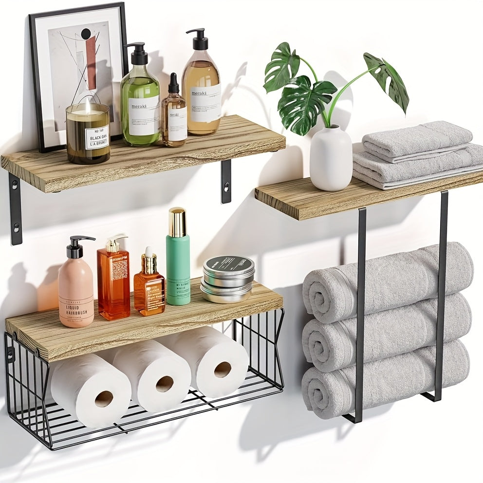 Wooden Wall-Mounted Towel Rack with Shelf – Bathroom, Kitchen, Living Room