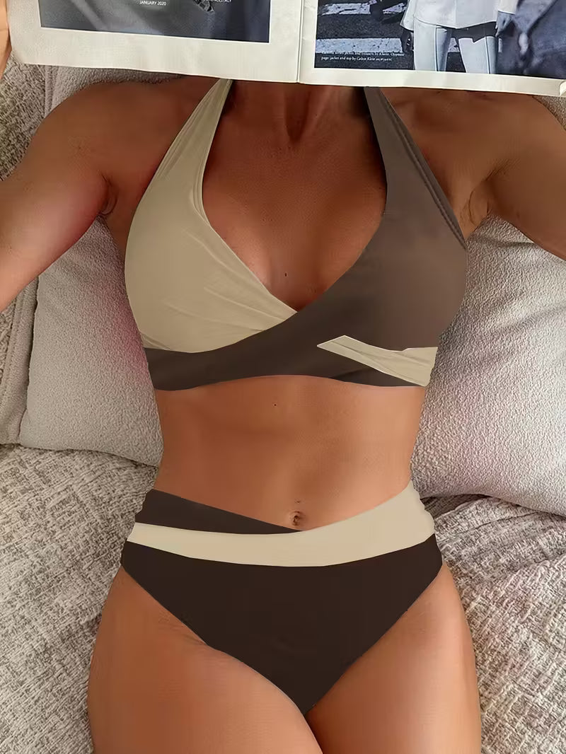 Dame Bikini med Crossover Top og Høj Talje