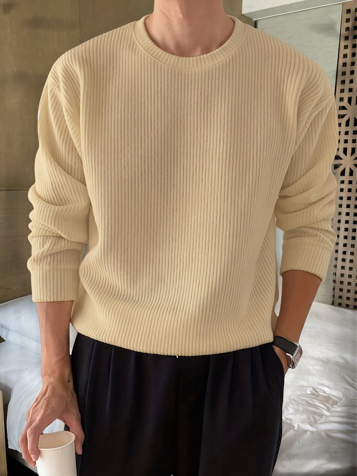 Herre Ribstrikket Sweater med Crew-Neck og Løs Pasform