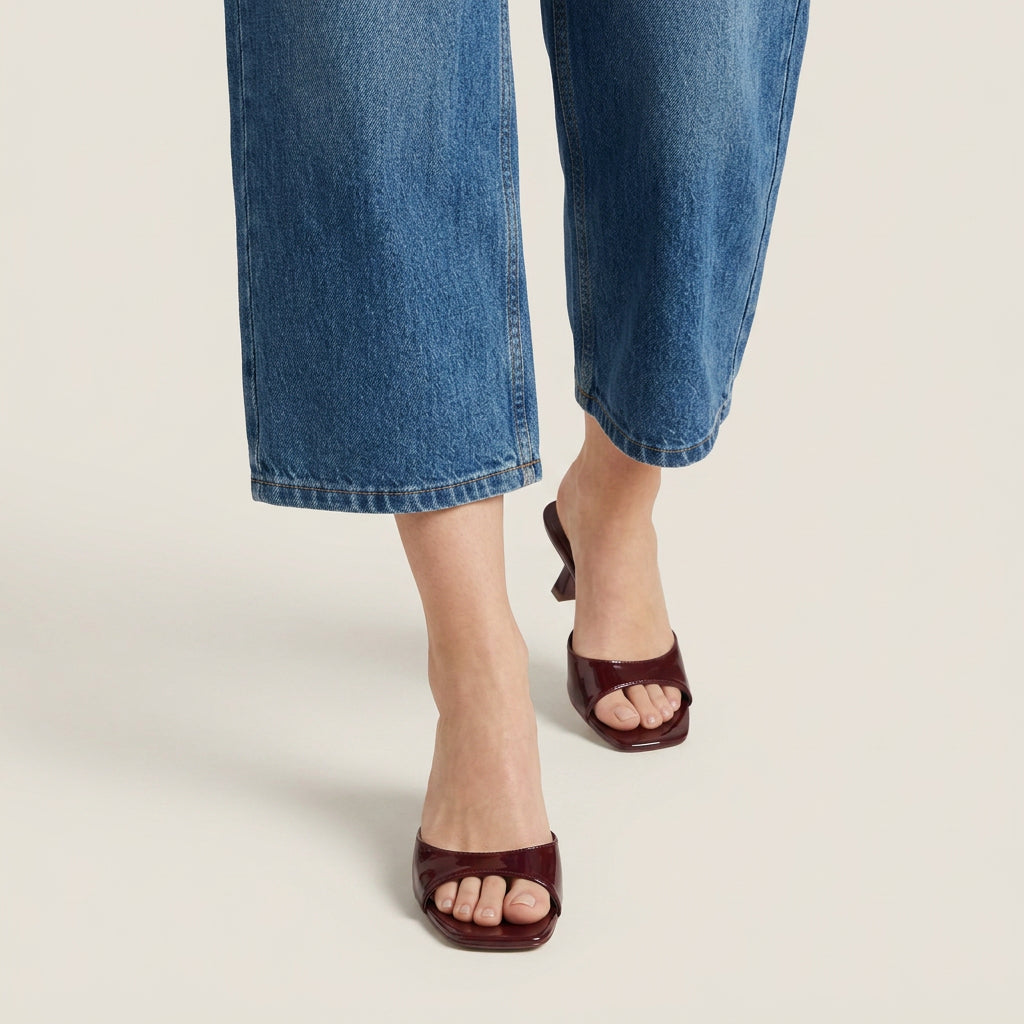 Dame Sandaler i Læderlook med Firkantet Tå og Blottet Hæl