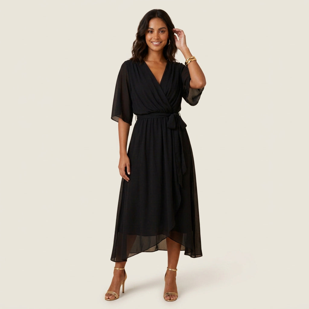 Dame Midikjole med Overslag og Flæsekant i Transparent Chiffon-look