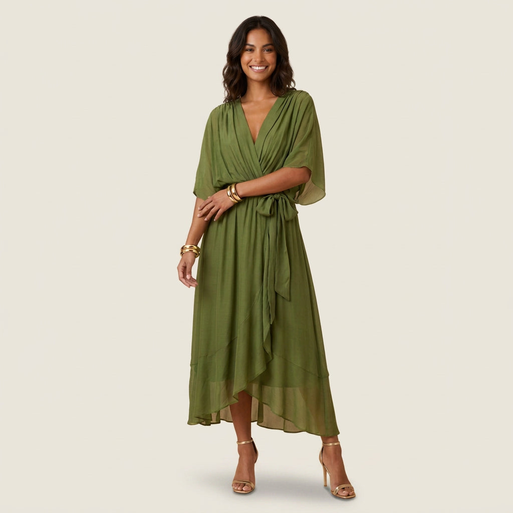 Dame Midikjole med Overslag og Flæsekant i Transparent Chiffon-look
