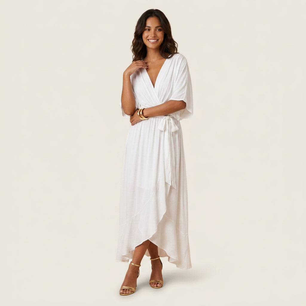 Dame Midikjole med Overslag og Flæsekant i Transparent Chiffon-look