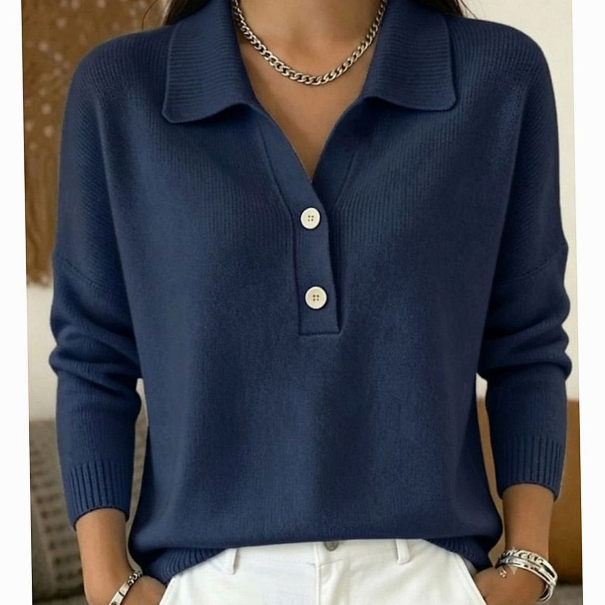 Dame Strikket Pullover med Polokrave og Knapper