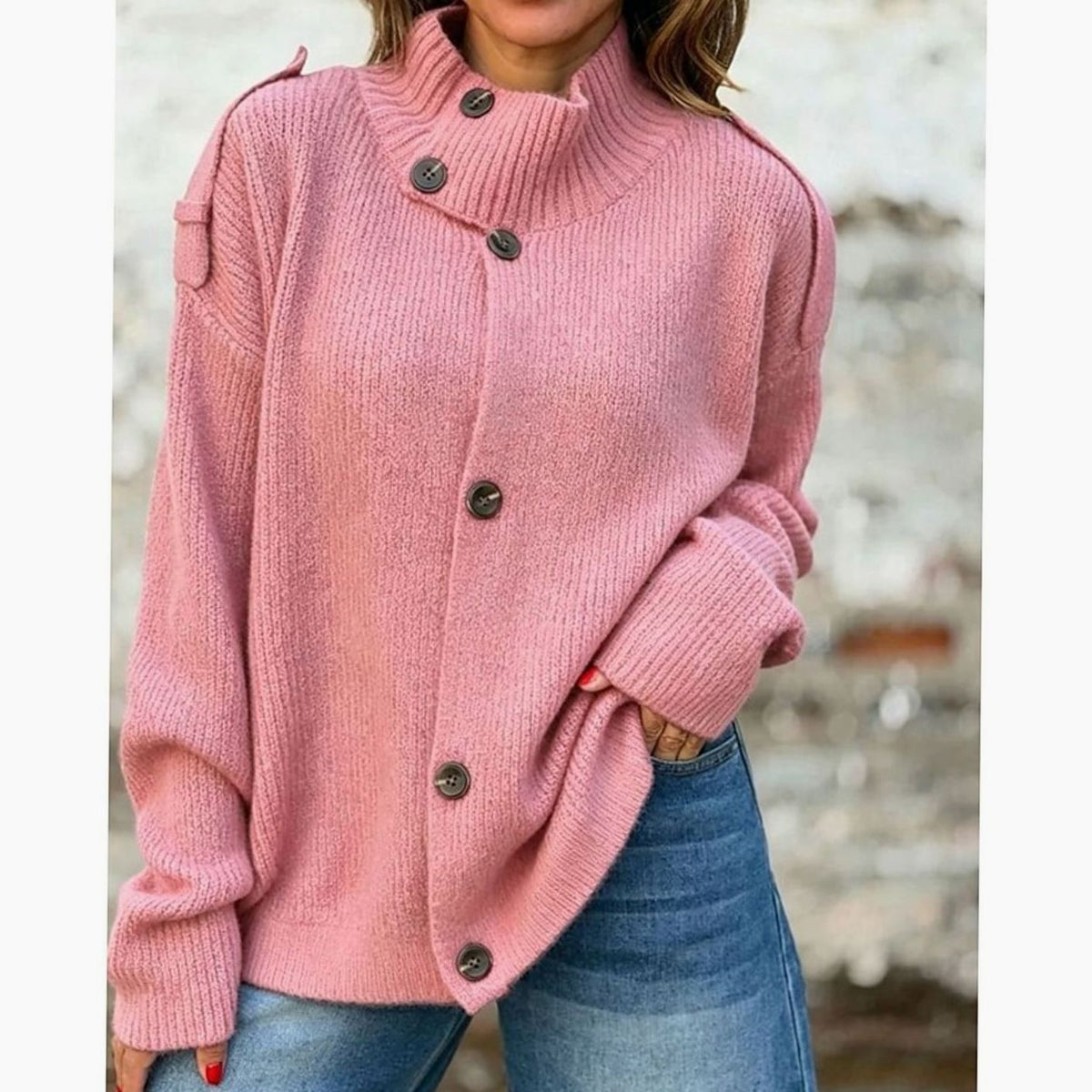 Dame Cardigan Oversized med Knaplukning og Stå-krave
