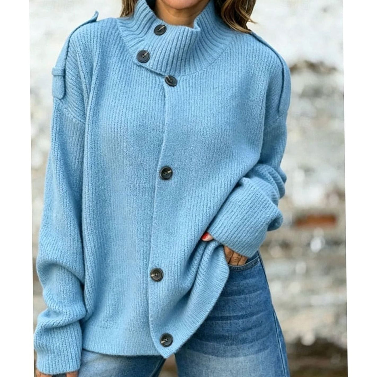 Dame Cardigan Oversized med Knaplukning og Stå-krave