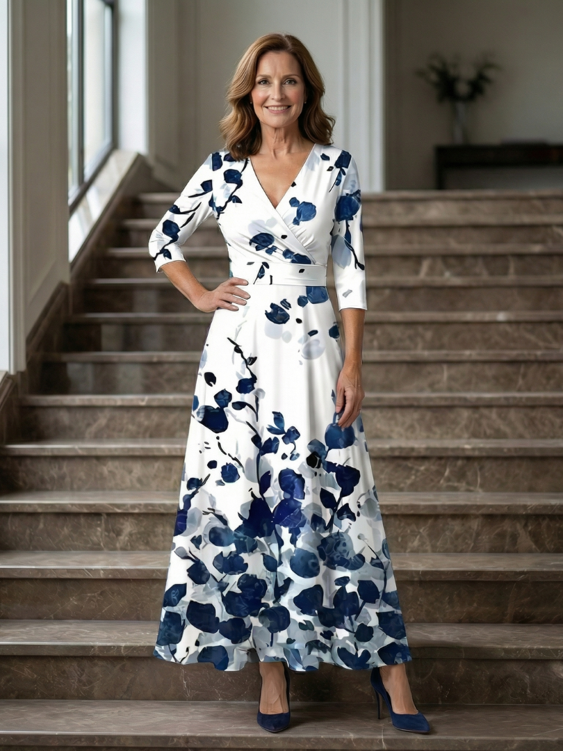 Dame Midikjole med Wrap-Hals og Blomsterprint