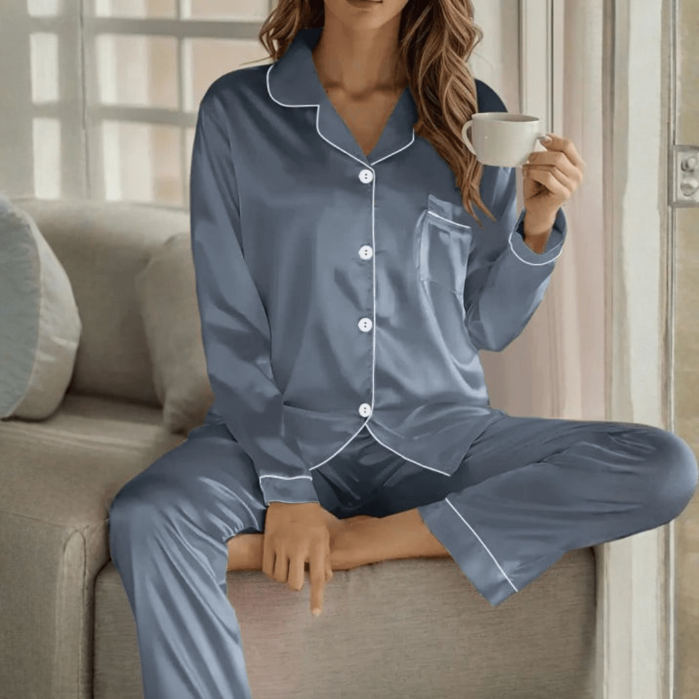 Dame Pyjamasset med Knaplukning - Blødt Nattøj
