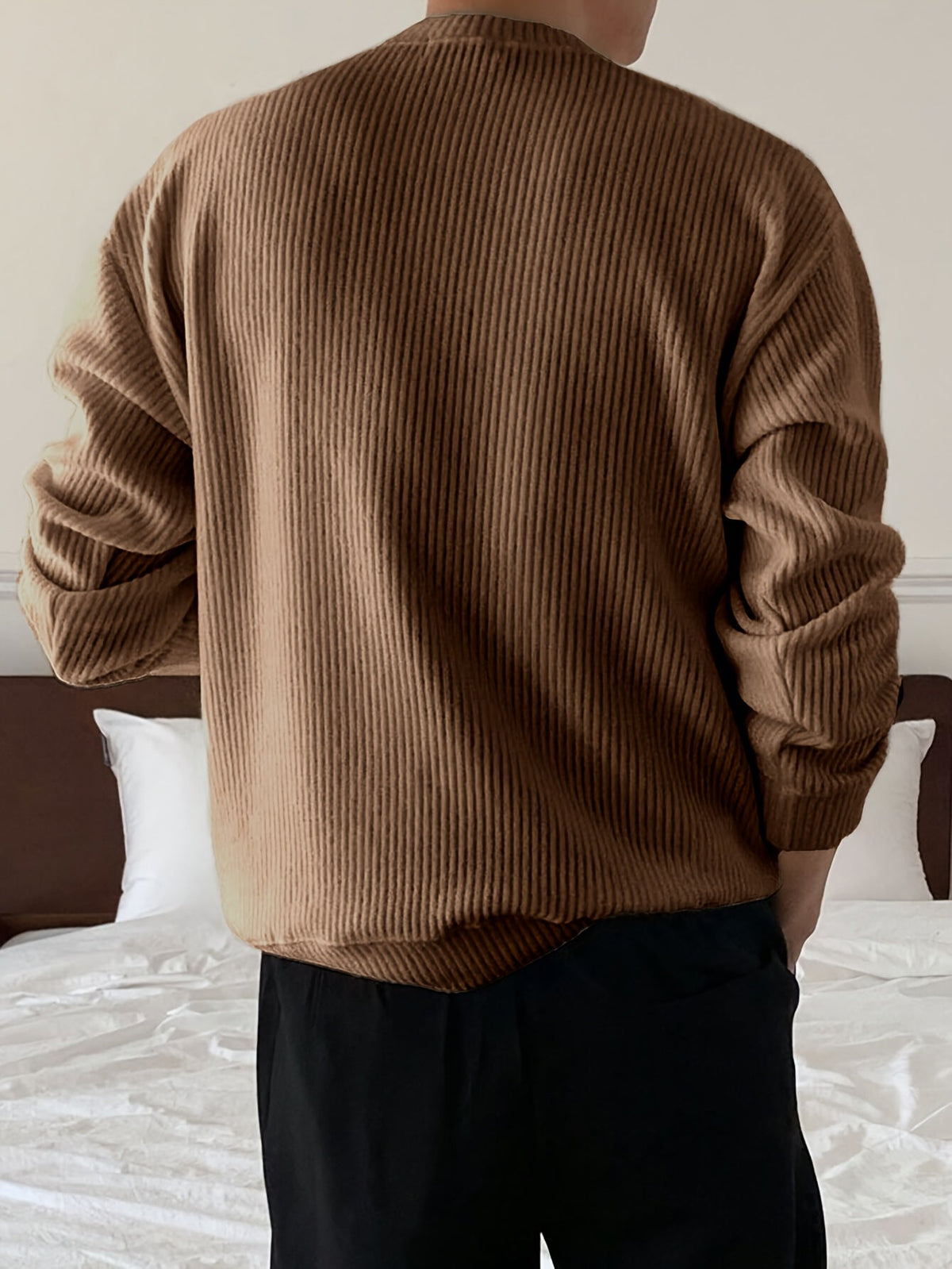 Herre Ribstrikket Sweater med Crew-Neck og Løs Pasform