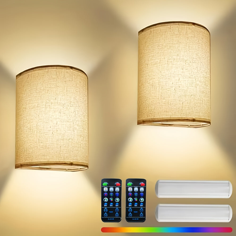 Lampa ścienna na przewód – abażur z lnu, z funkcją ściemniania za pomocą pilota, 3 temperatury barwowe, do sypialni lub salonu (zestaw 2 szt.)