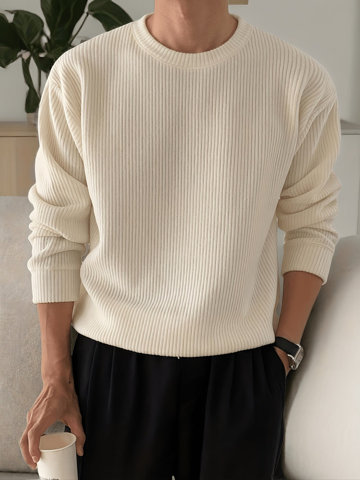 Herre Ribstrikket Sweater med Crew-Neck og Løs Pasform