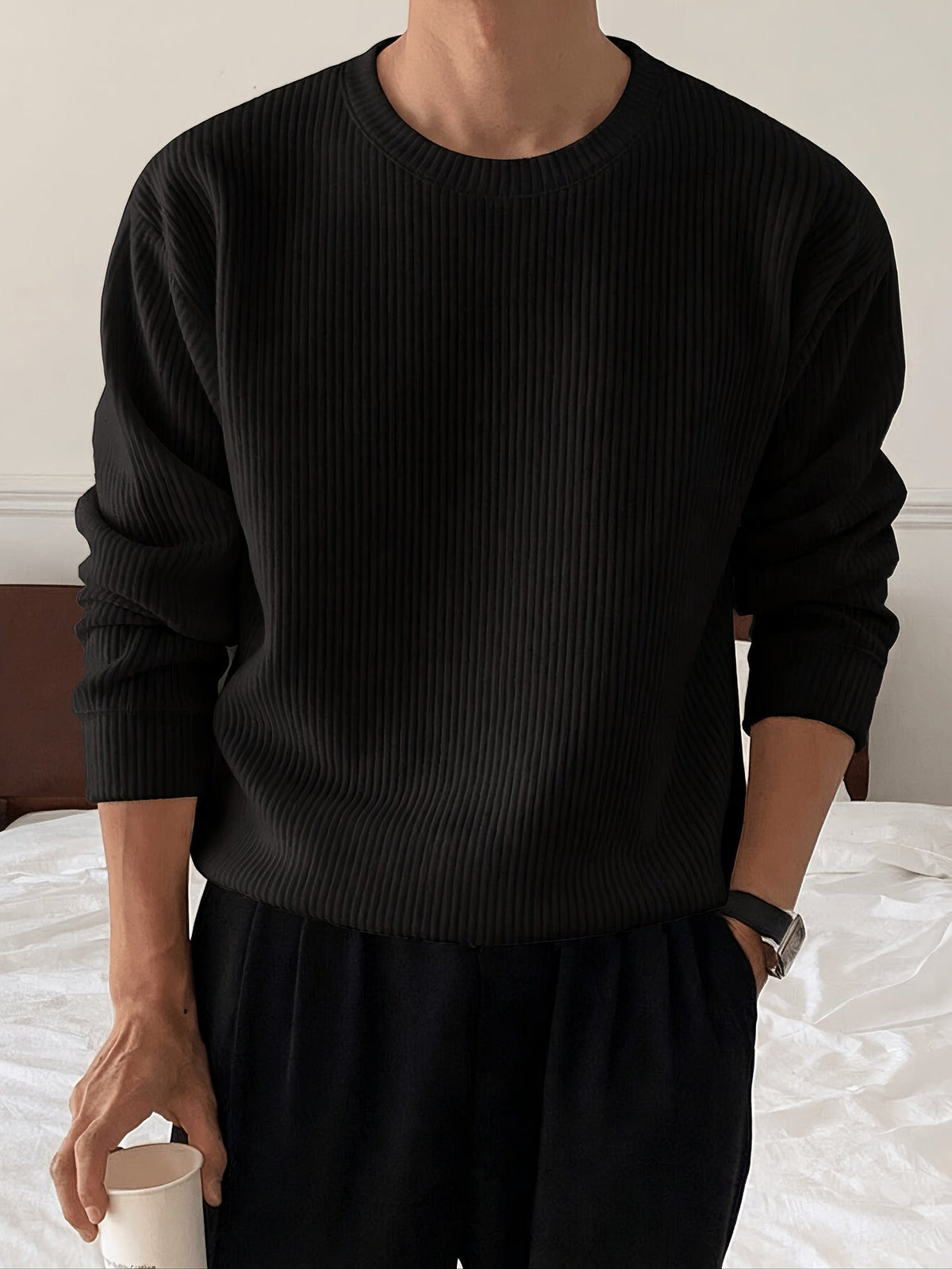 Herre Ribstrikket Sweater med Crew-Neck og Løs Pasform