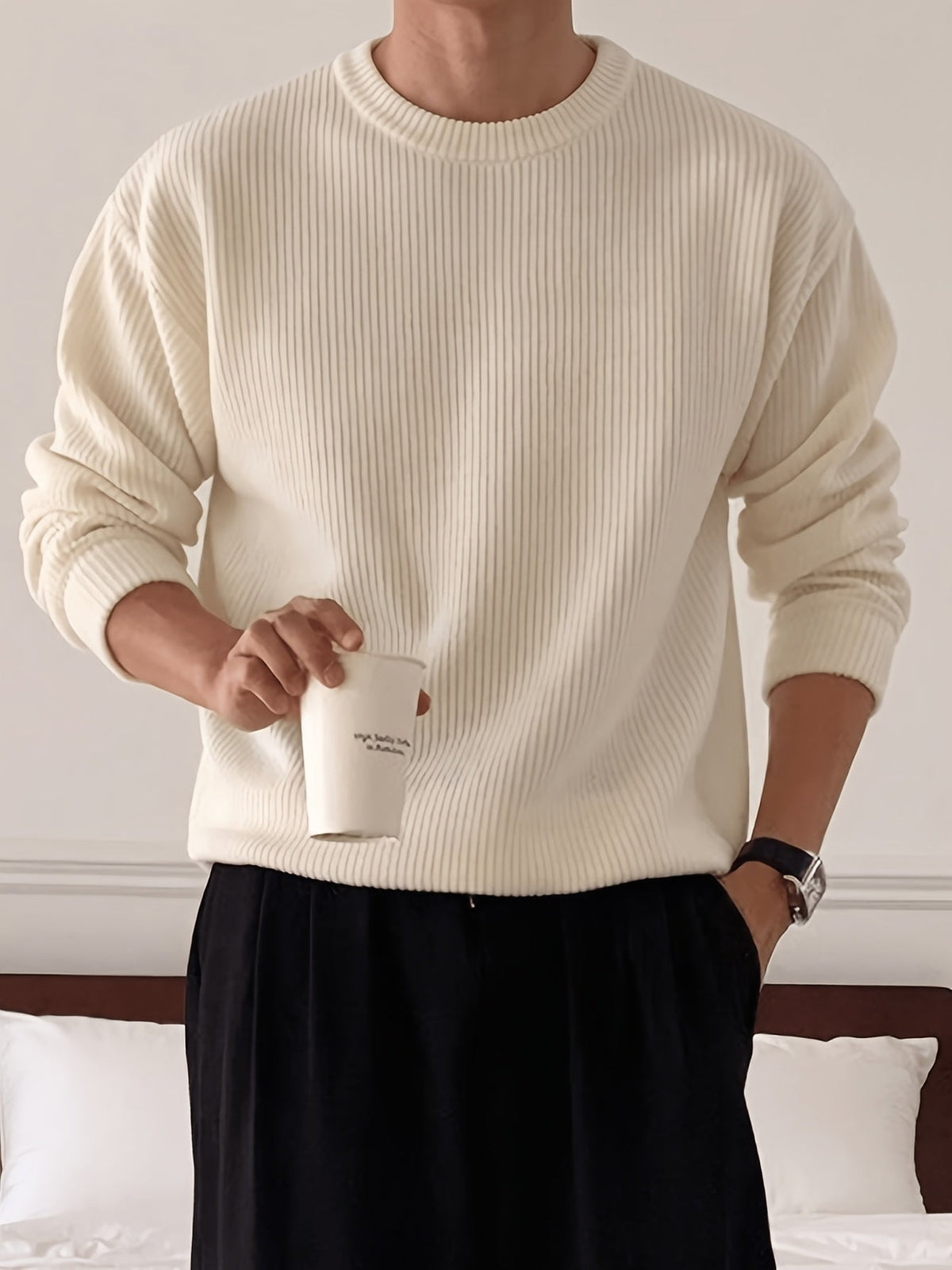 Herre Ribstrikket Sweater med Crew-Neck og Løs Pasform