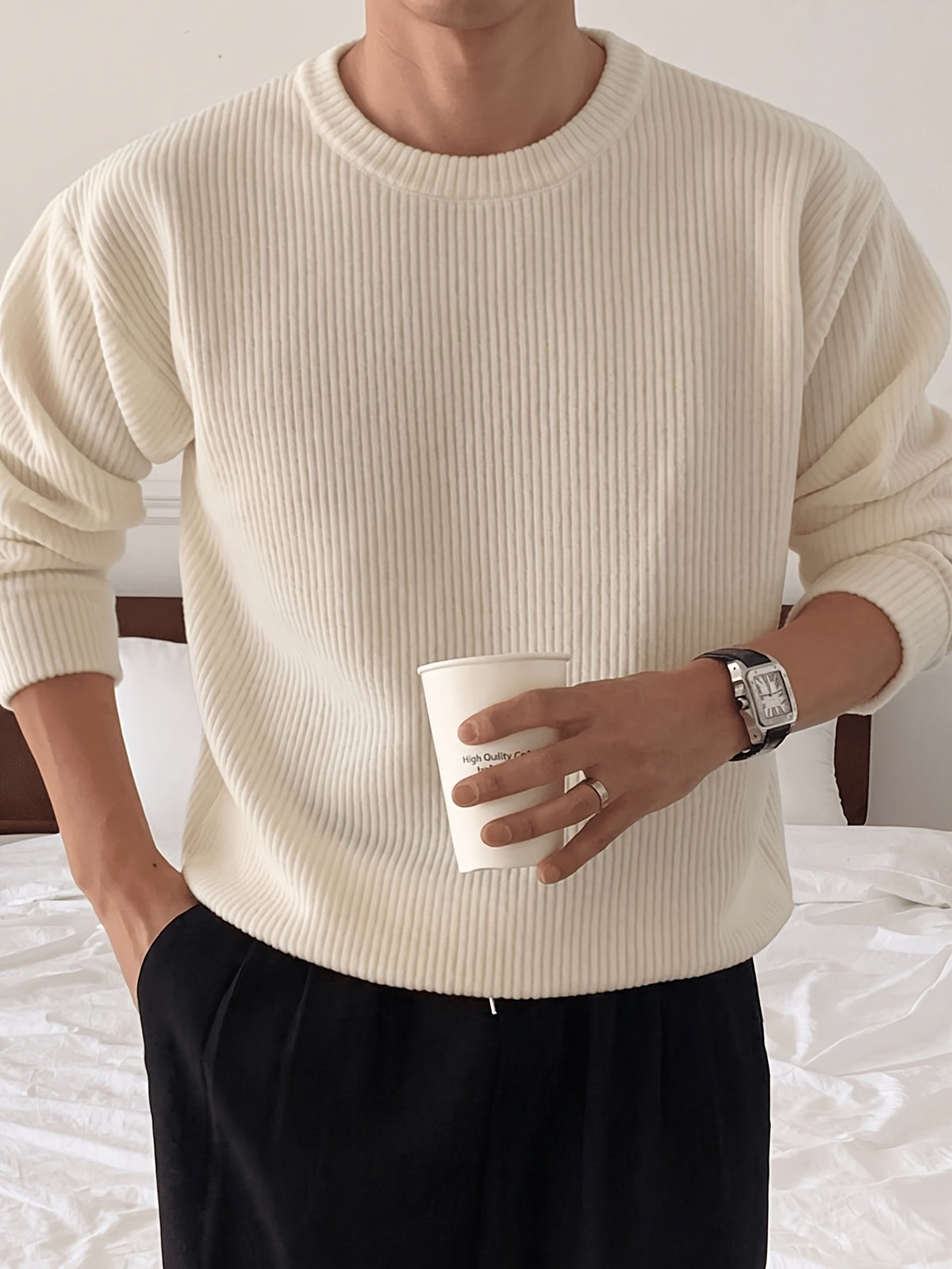 Herre Ribstrikket Sweater med Crew-Neck og Løs Pasform