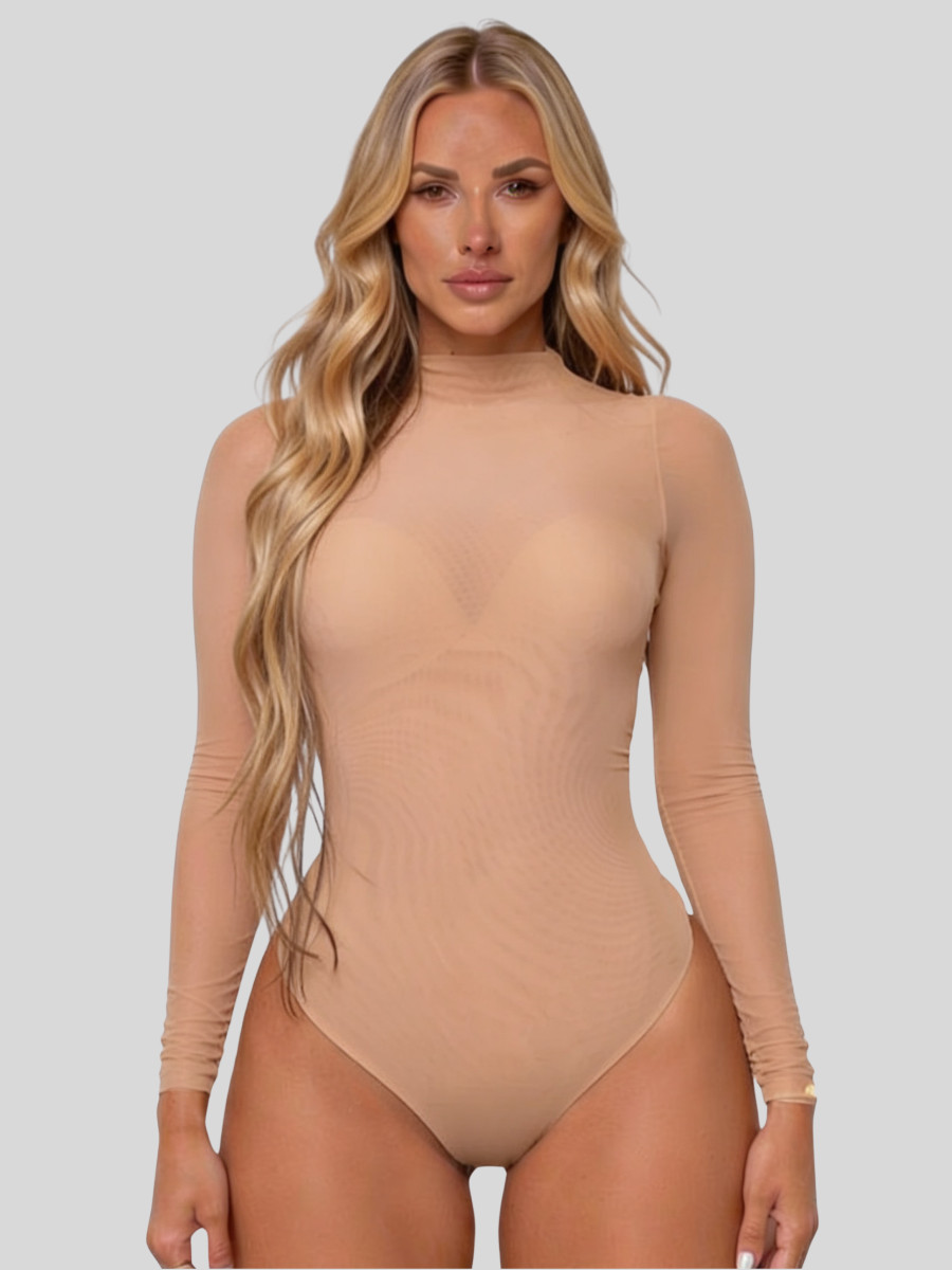 Dame Bodysuit i Mesh med Stakrave og Lange Ærmer