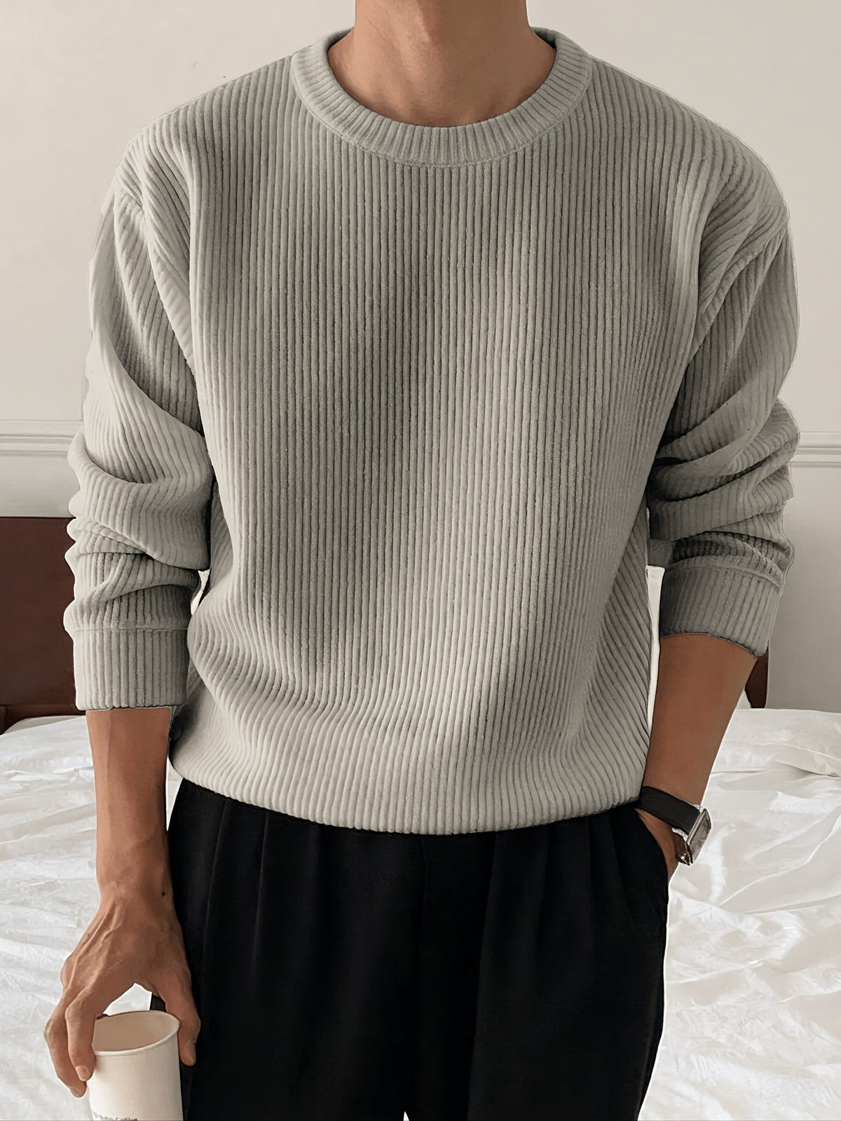 Herre Ribstrikket Sweater med Crew-Neck og Løs Pasform