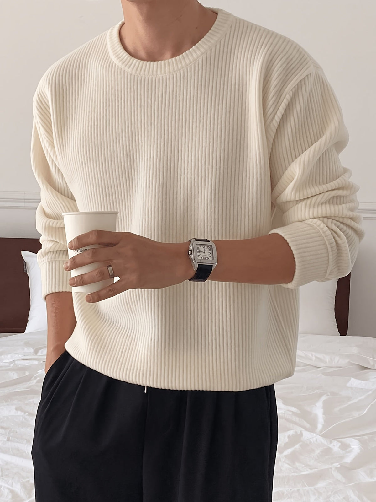 Herre Ribstrikket Sweater med Crew-Neck og Løs Pasform