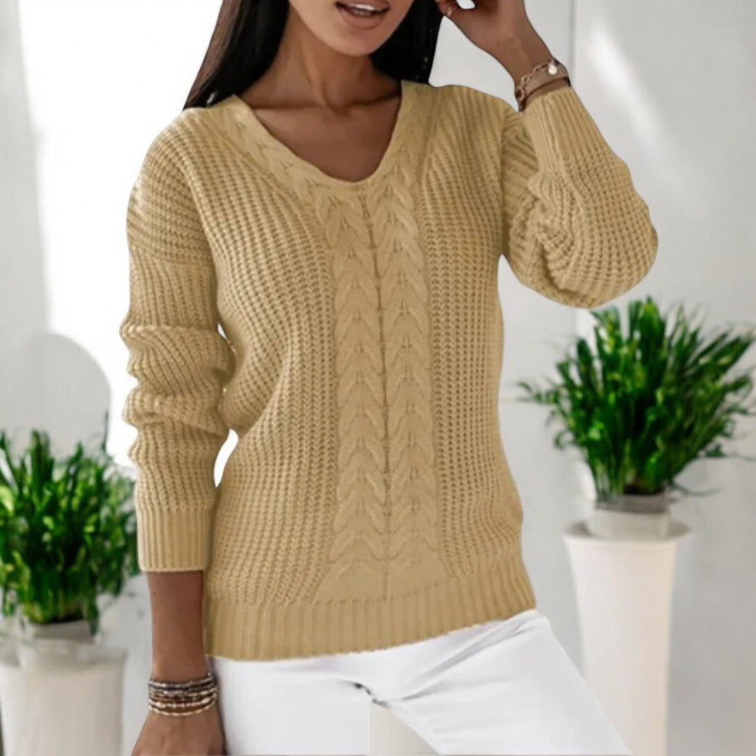 Dame Sweater med V-udskæring og Kabelstrik