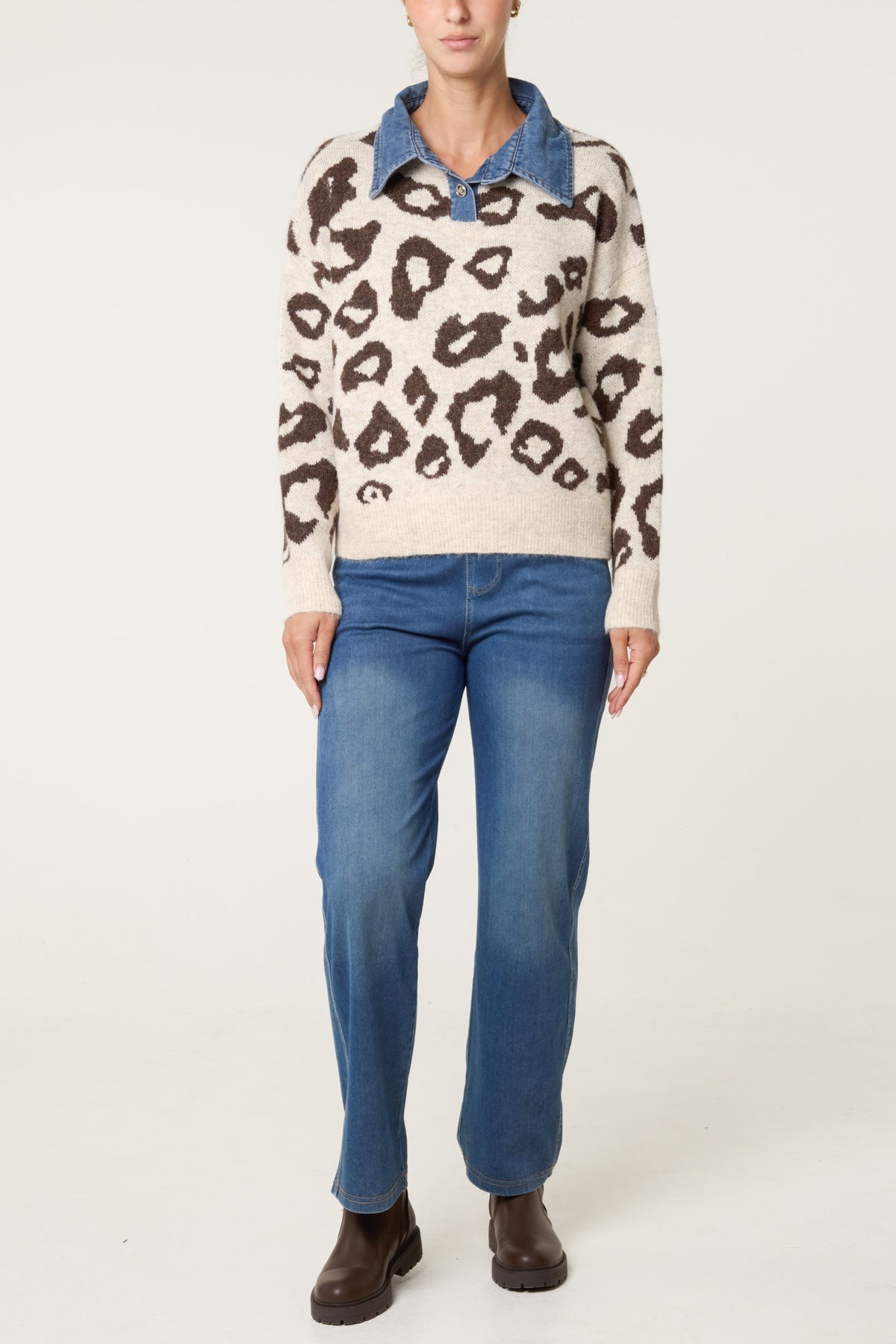 Dame Strikket Sweater med Dyreprint og Denim-krave