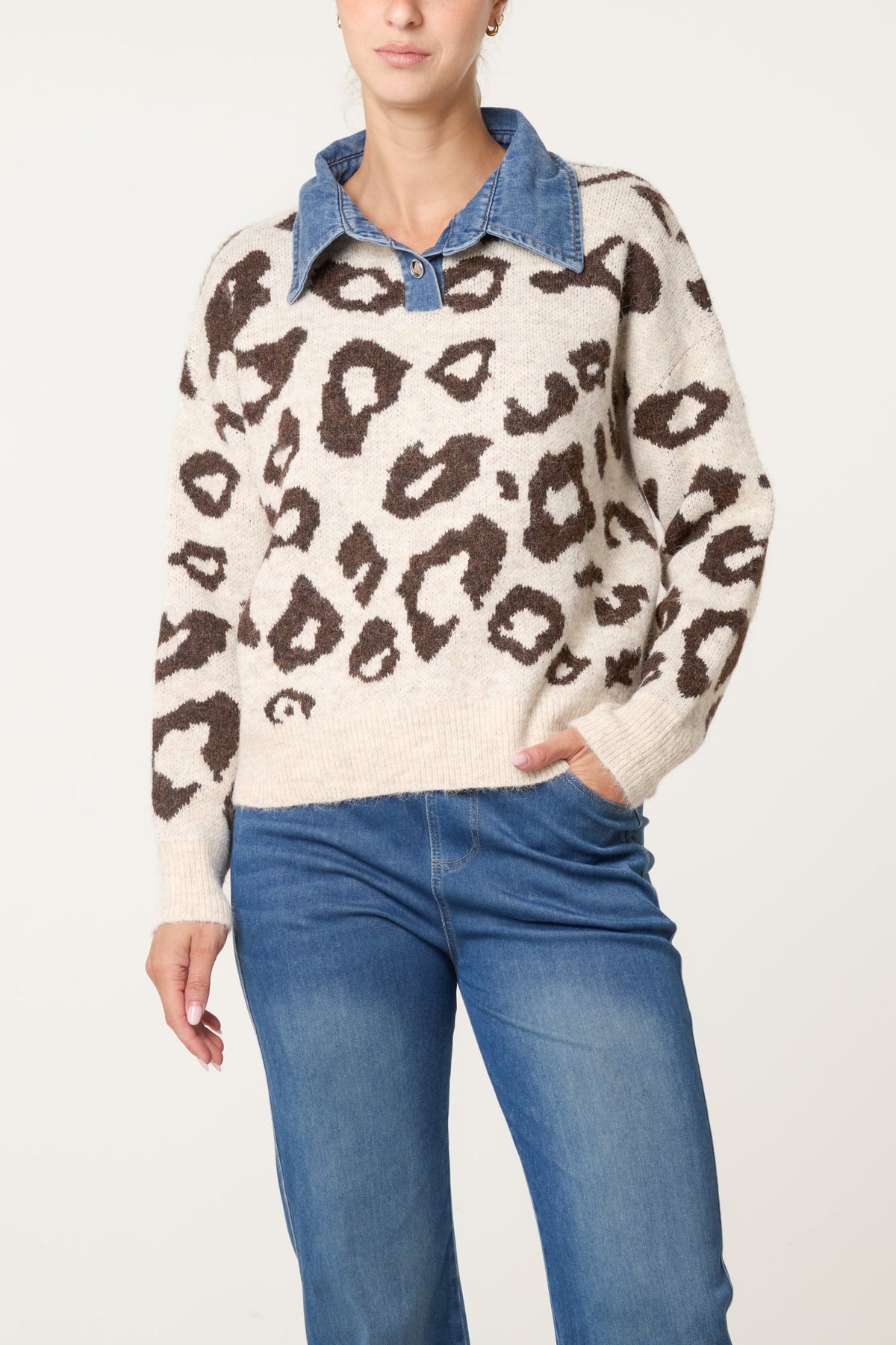 Dame Strikket Sweater med Dyreprint og Denim-krave