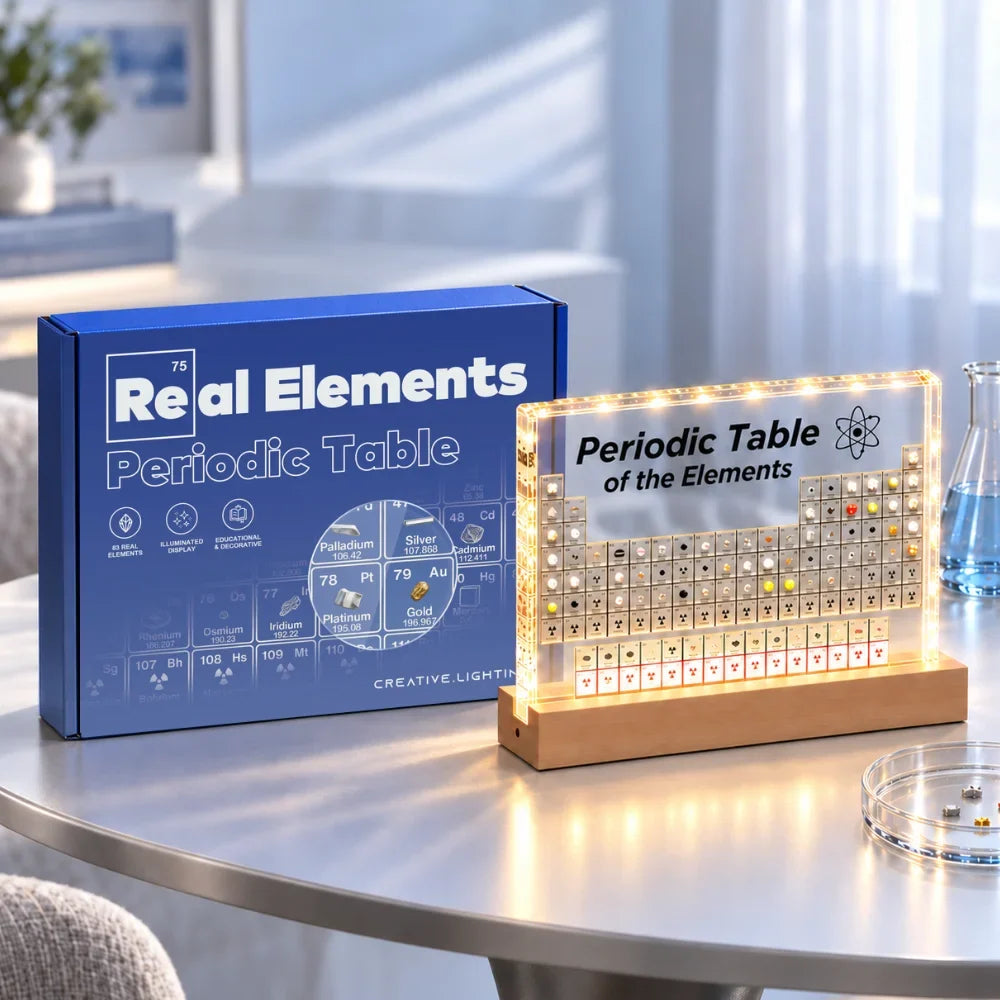 Periodisk System i Akryl med 83 Ægte Grundstoffer og LED-lys
