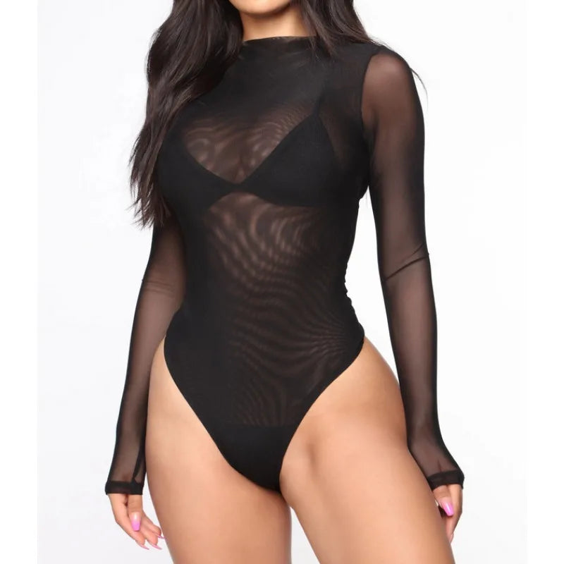 Dame Bodysuit i Mesh med Stakrave og Lange Ærmer