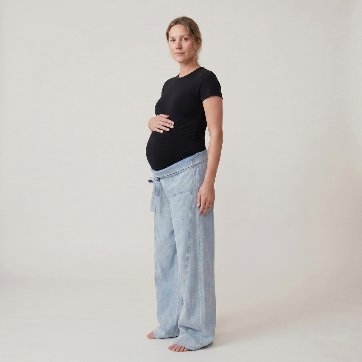 Dame Graviditetsjeans i Denim med Justerbar Talje og Vide Ben