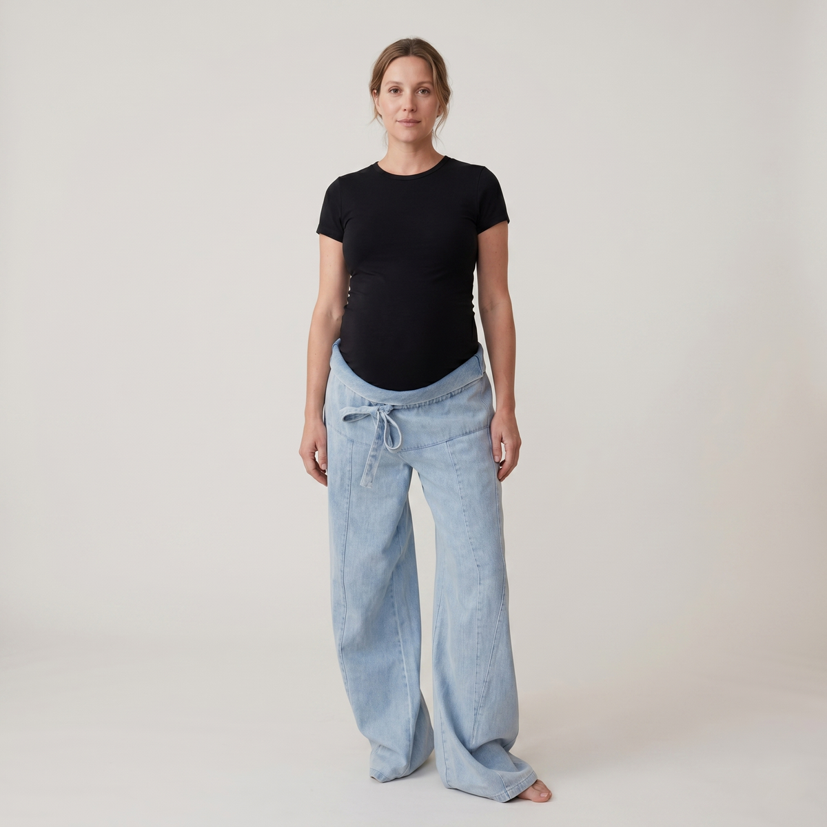 Dame Graviditetsjeans i Denim med Justerbar Talje og Vide Ben