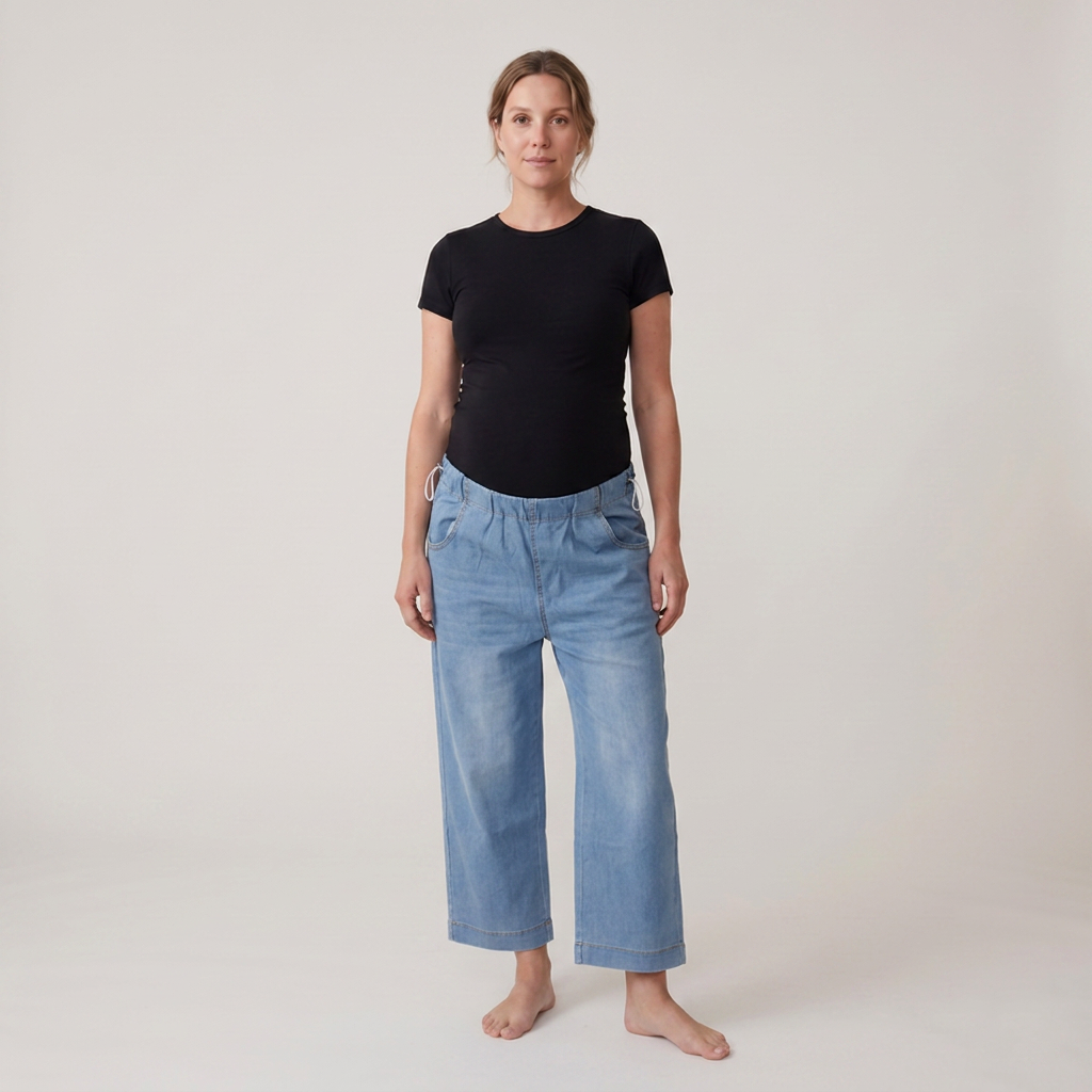 Dame Graviditetsjeans i Denim med Justerbar Talje og Vide Ben