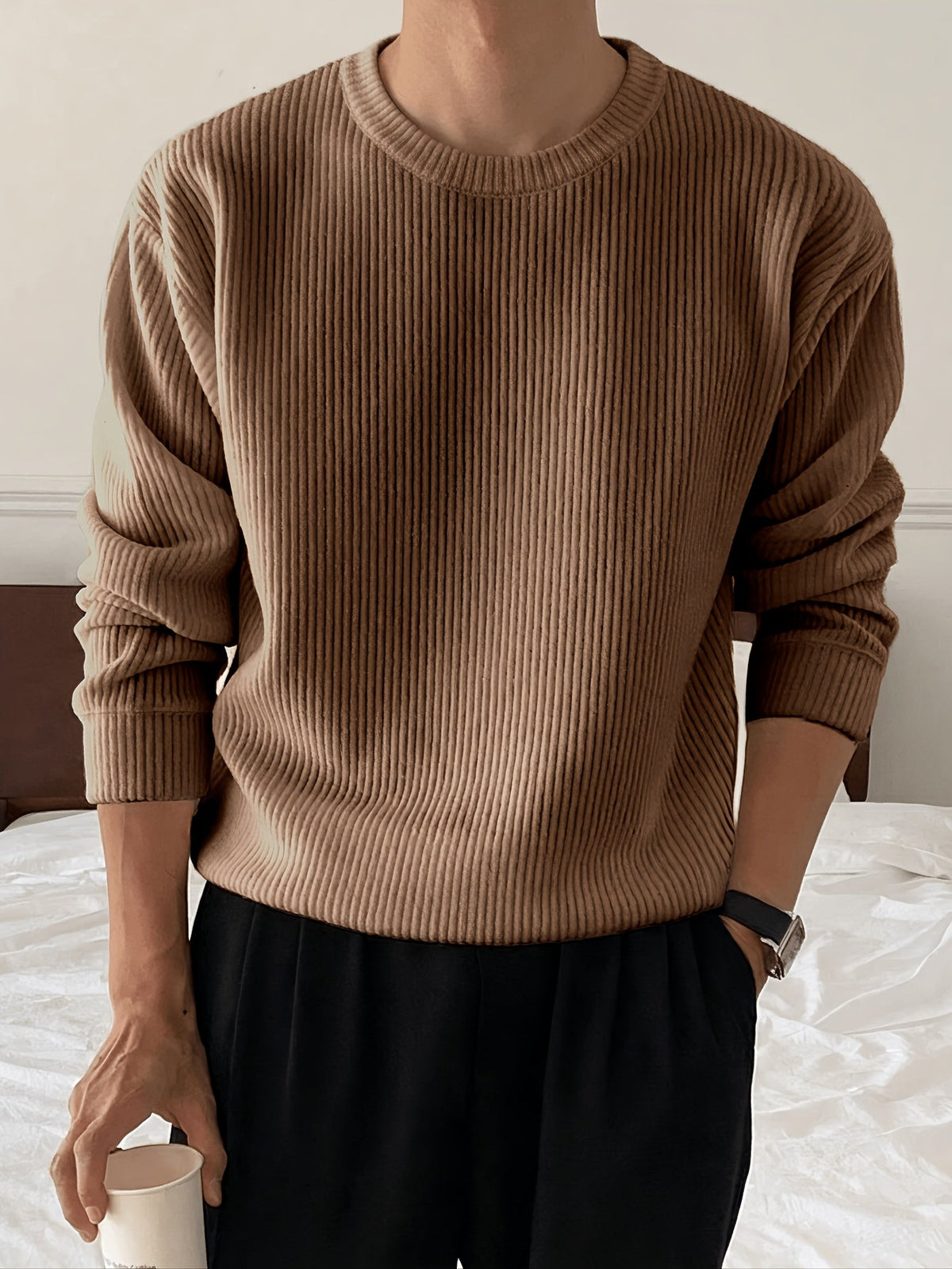 Herre Ribstrikket Sweater med Crew-Neck og Løs Pasform