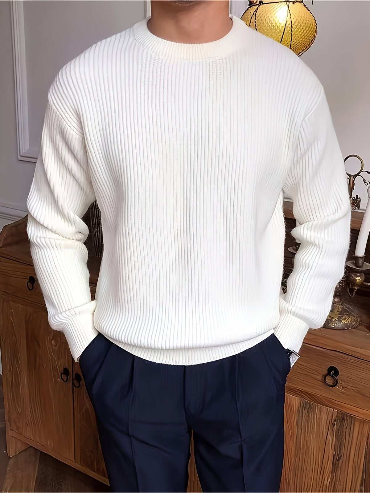 Herre Ribstrikket Sweater med Crew-Neck og Løs Pasform