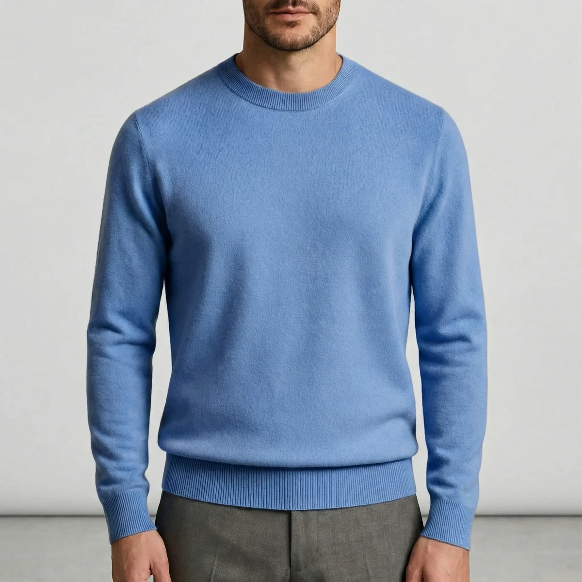 Fall sweater — Light blue cashmere crewneck long sleeves, front view — 5 — view 5