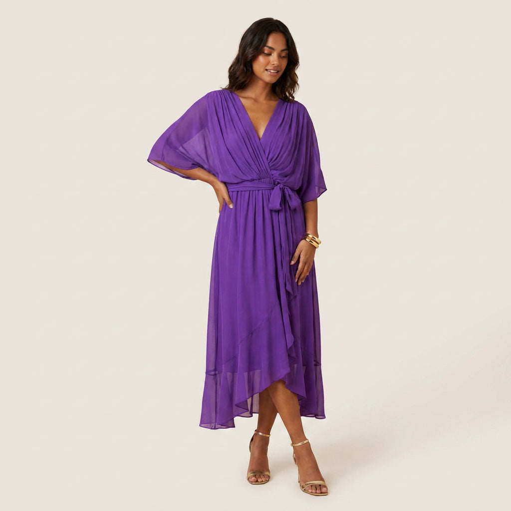 Dame Midikjole med Overslag og Flæsekant i Transparent Chiffon-look