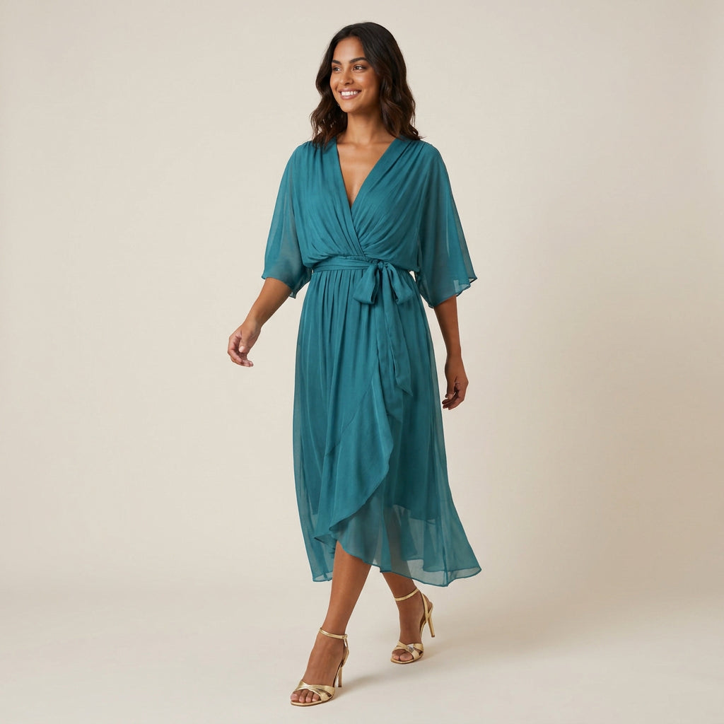 Dame Midikjole med Overslag og Flæsekant i Transparent Chiffon-look