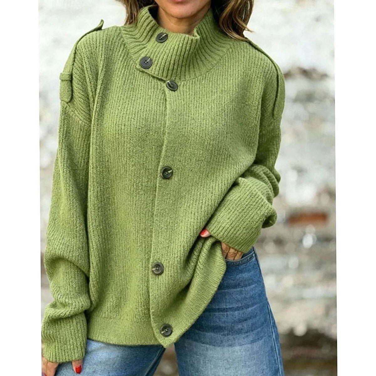 Dame Cardigan Oversized med Knaplukning og Stå-krave